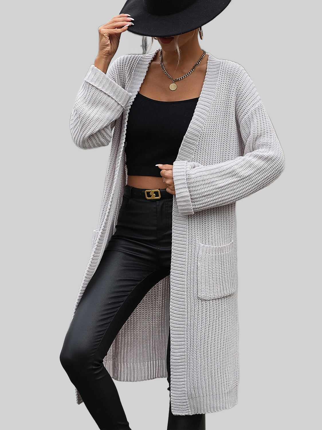 Dropped Shoulder Long Sleeve Cardigan with Pocket nicholesgifts