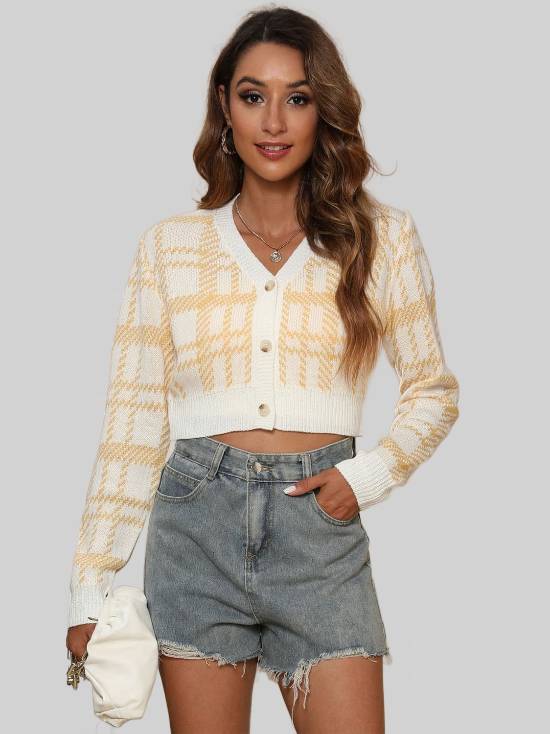 V-Neck Cropped Button-Up Cardigan Trendsi