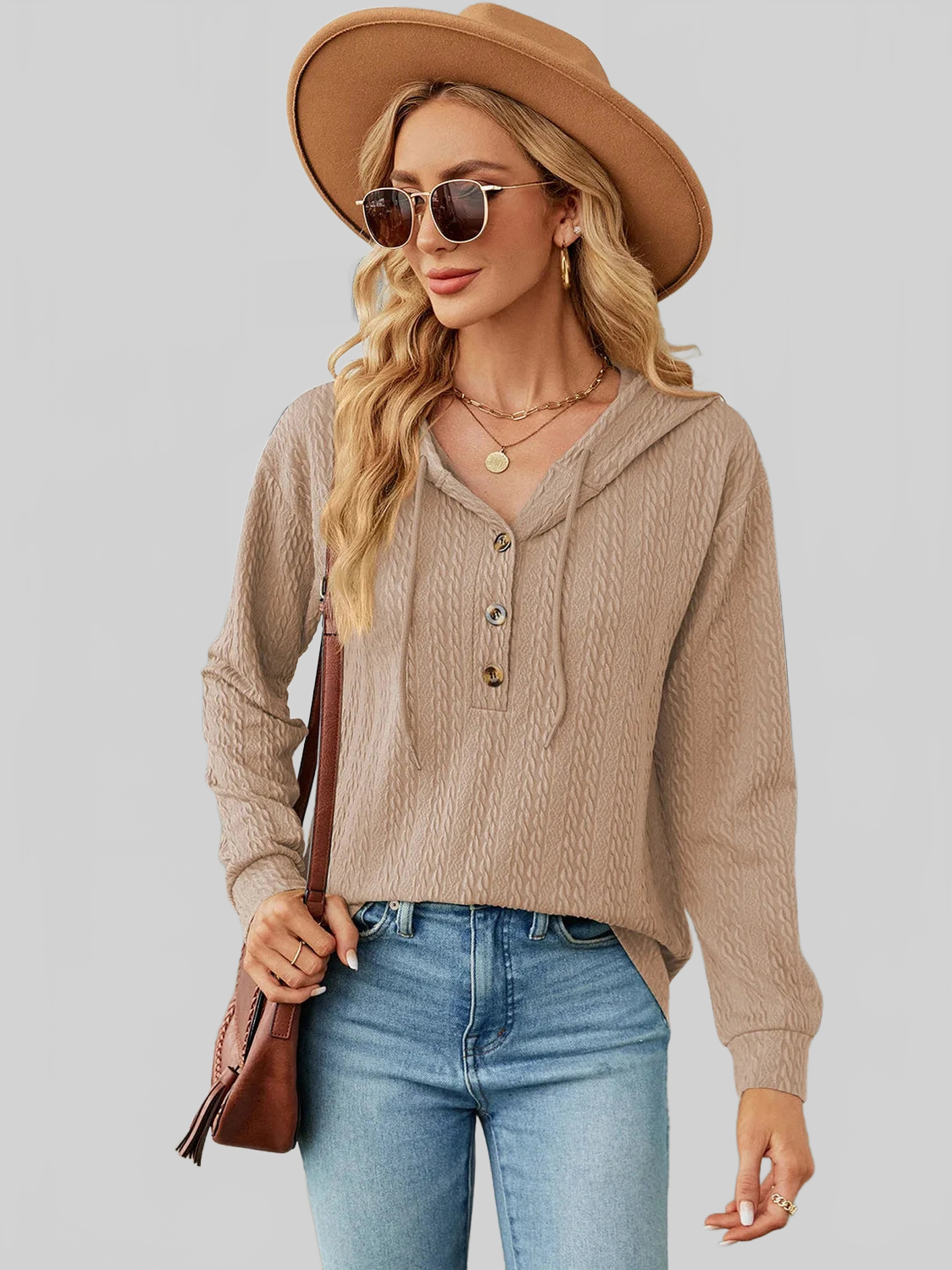 Drawstring Half Button Long Sleeve Hoodie nicholesgifts