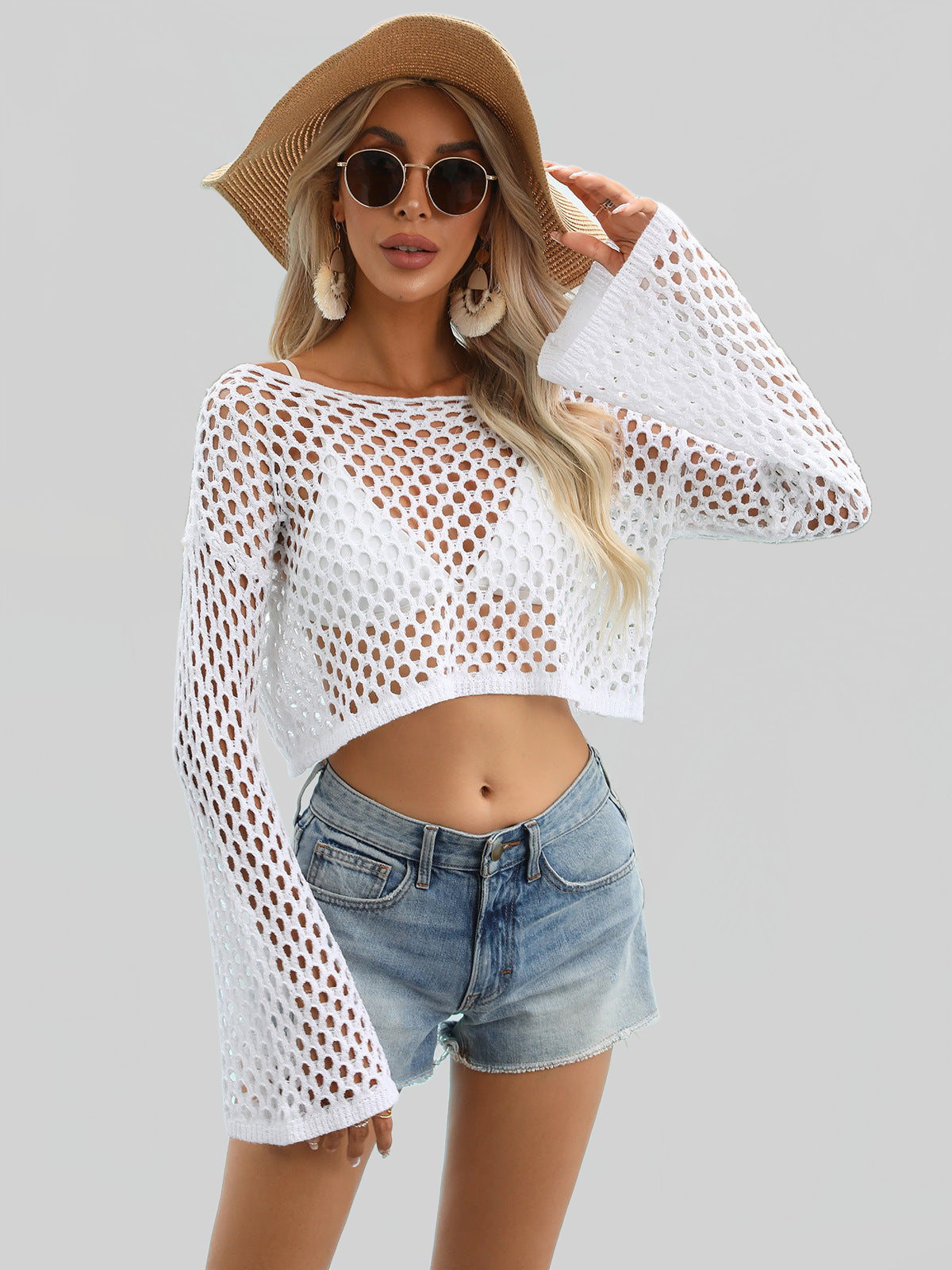 Women Openwork Boat Neck Cover Up nicholesgifts