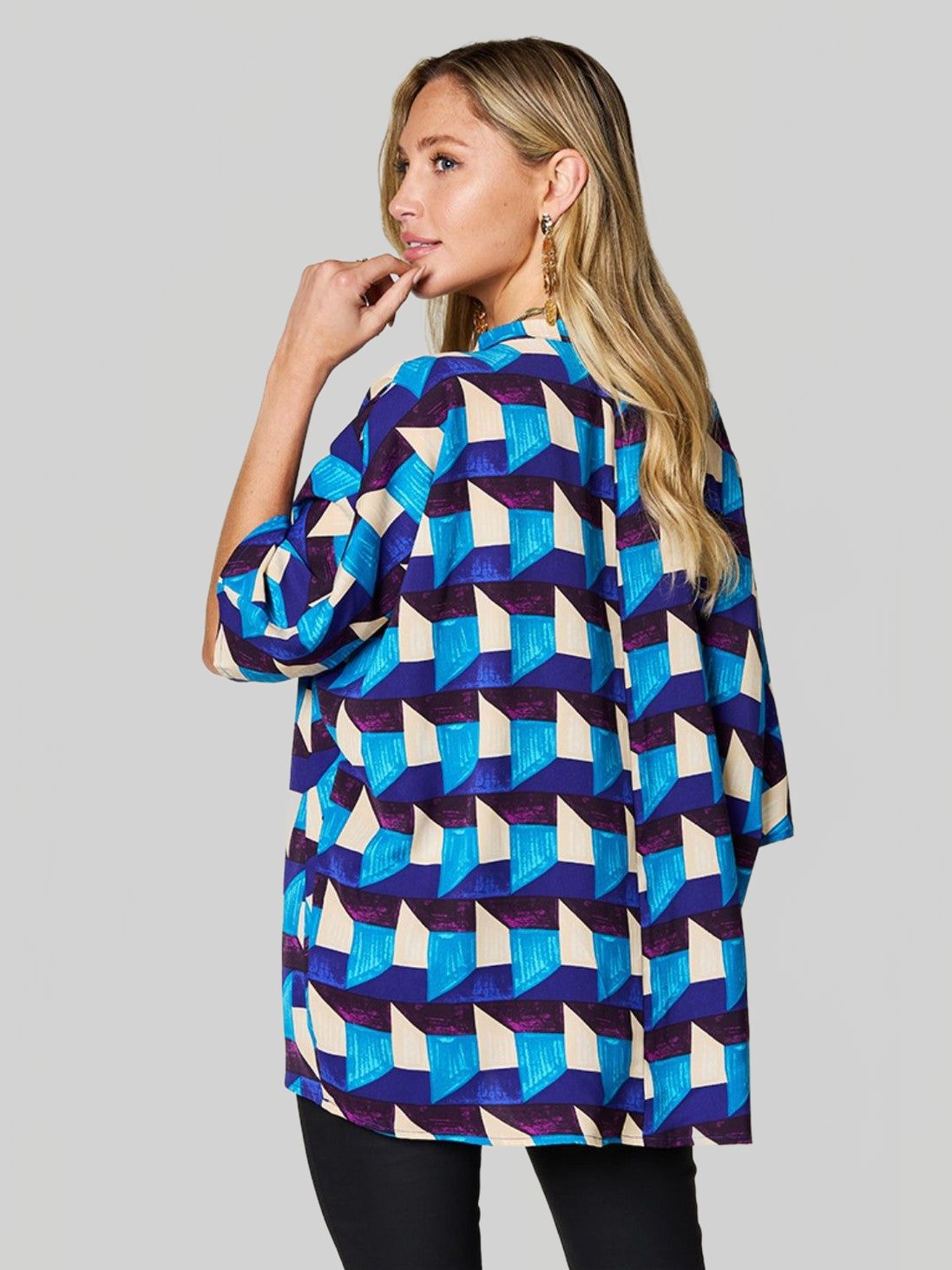 Women Double Take Full Size Geometric Notched Half Sleeve Blouse nicholesgifts