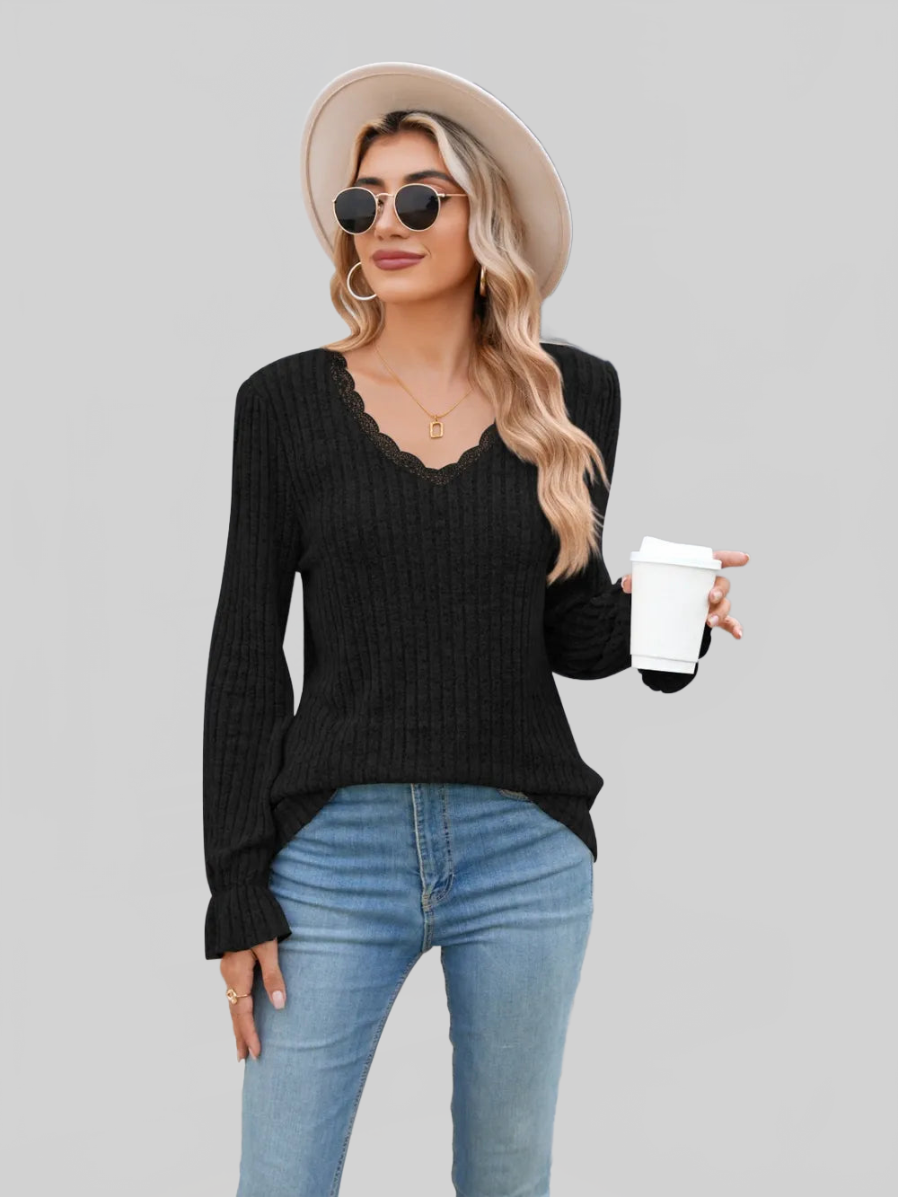 Lace Detail V-Neck Long Sleeve T-Shirt NicholesGifts