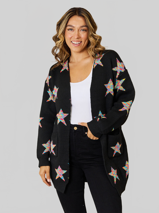 Women Angel Wings Star Pattern Open Front Cardigan with Pockets nicholesgifts