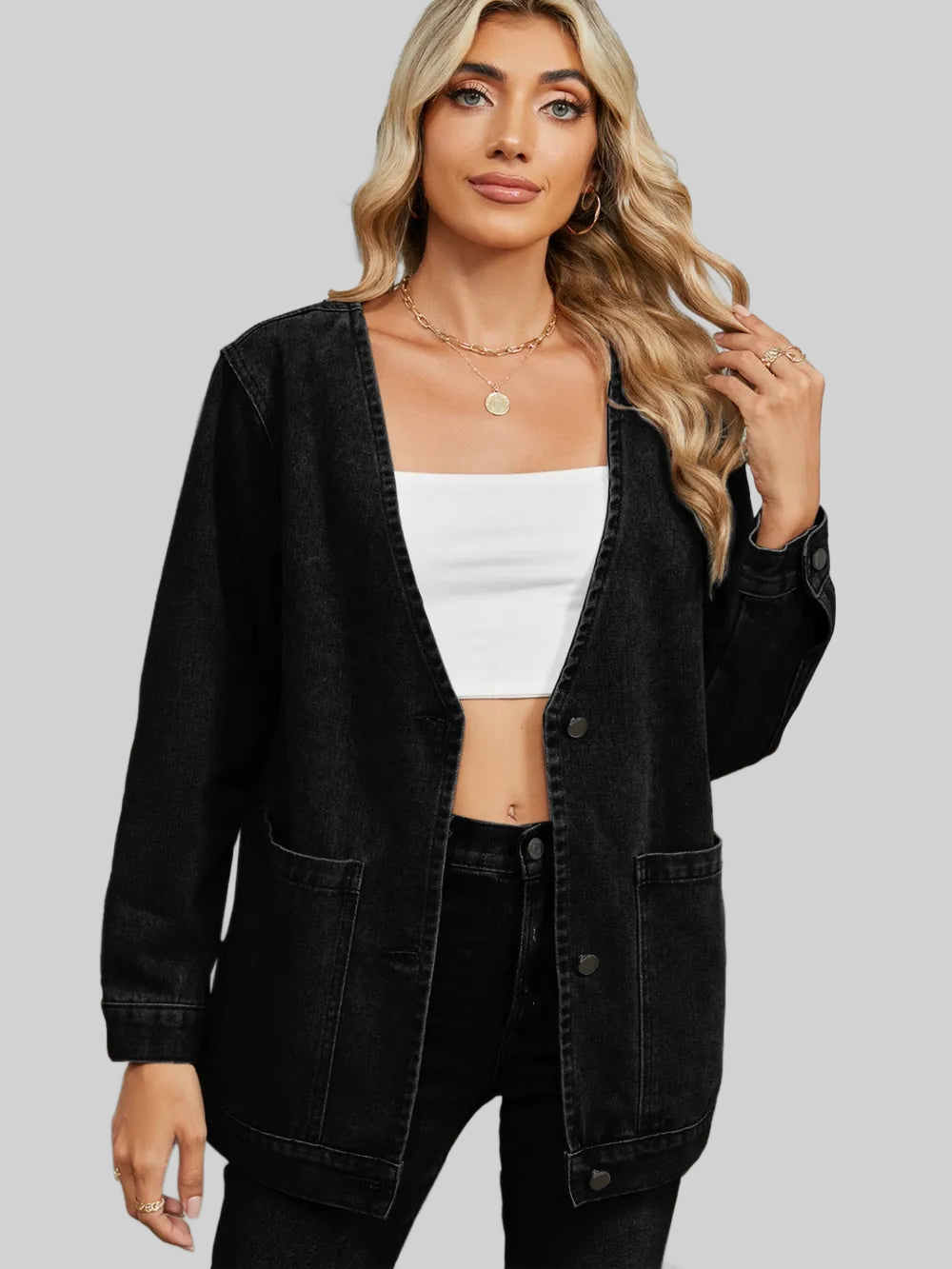 Pocketed V-Neck Button Up Denim Jacket nicholesgifts
