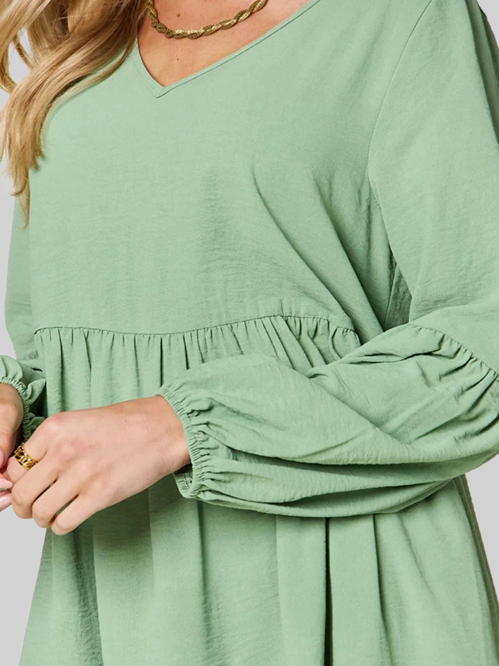 Double Take Full Size V-Neck Balloon Sleeve Tiered Dress with Pockets nicholesgifts