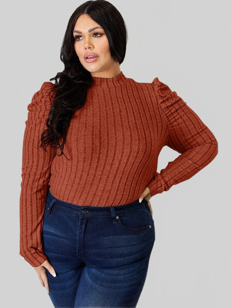 Basic Full Size Ribbed Mock Neck Puff Sleeve T-Shirt nicholesgifts