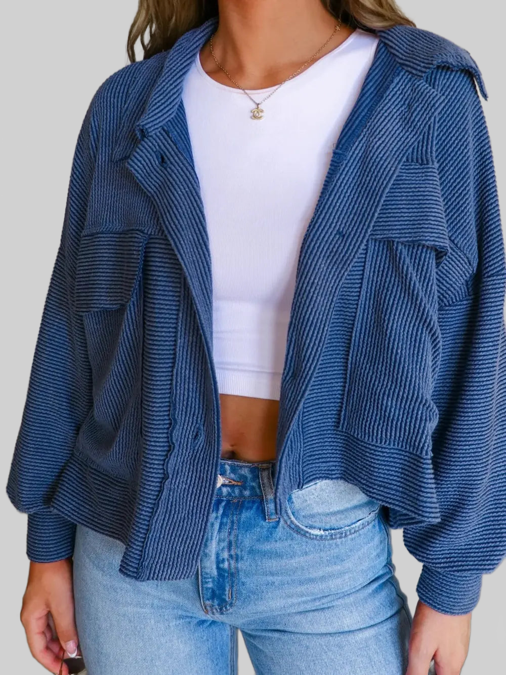 Ribbed Collared Neck Button Up Jacket nicholesgifts