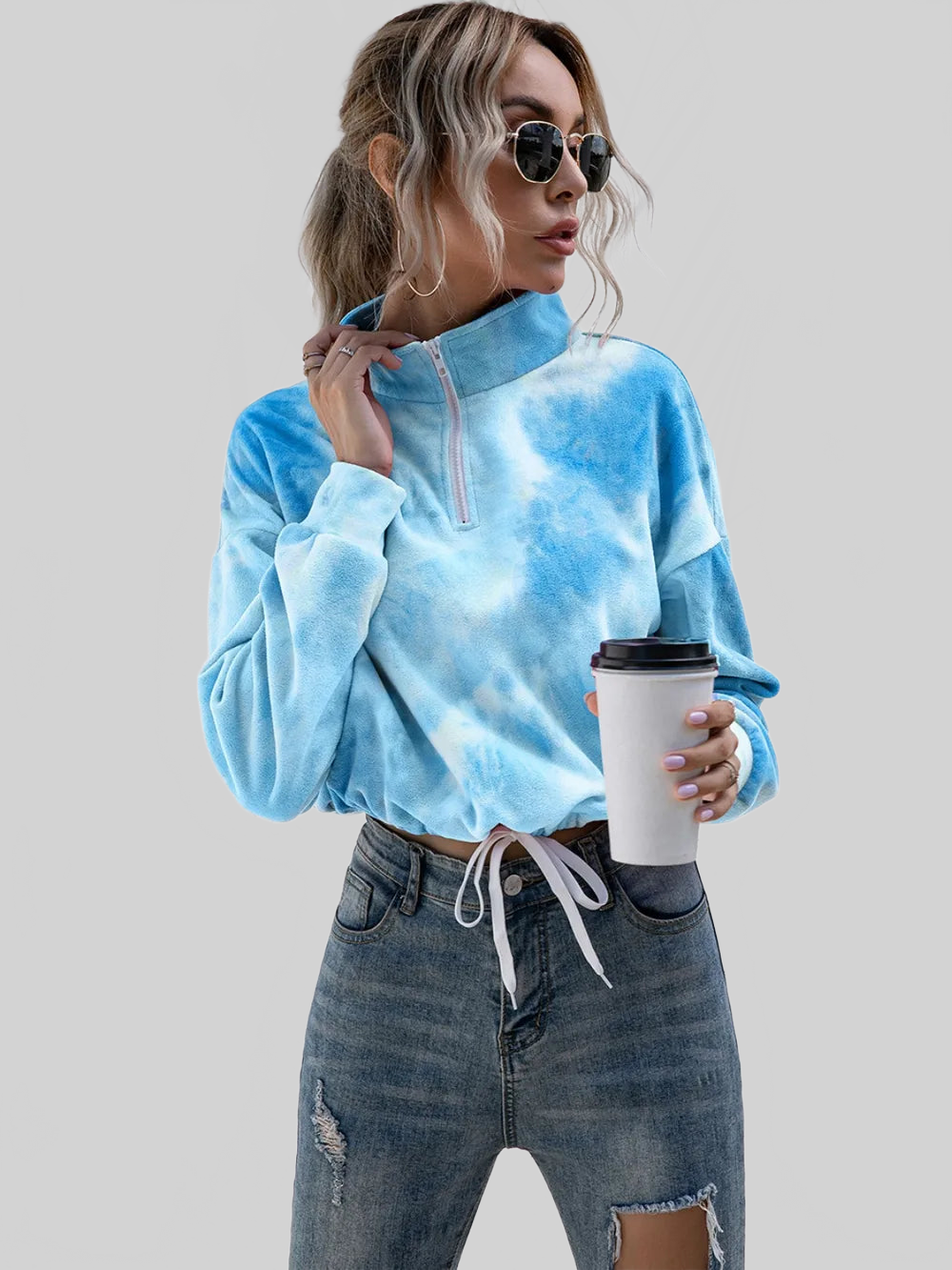 Women Ivy Lane Tie-Dye Quarter Zip Dropped Shoulder Sweatshirt nicholesgifts