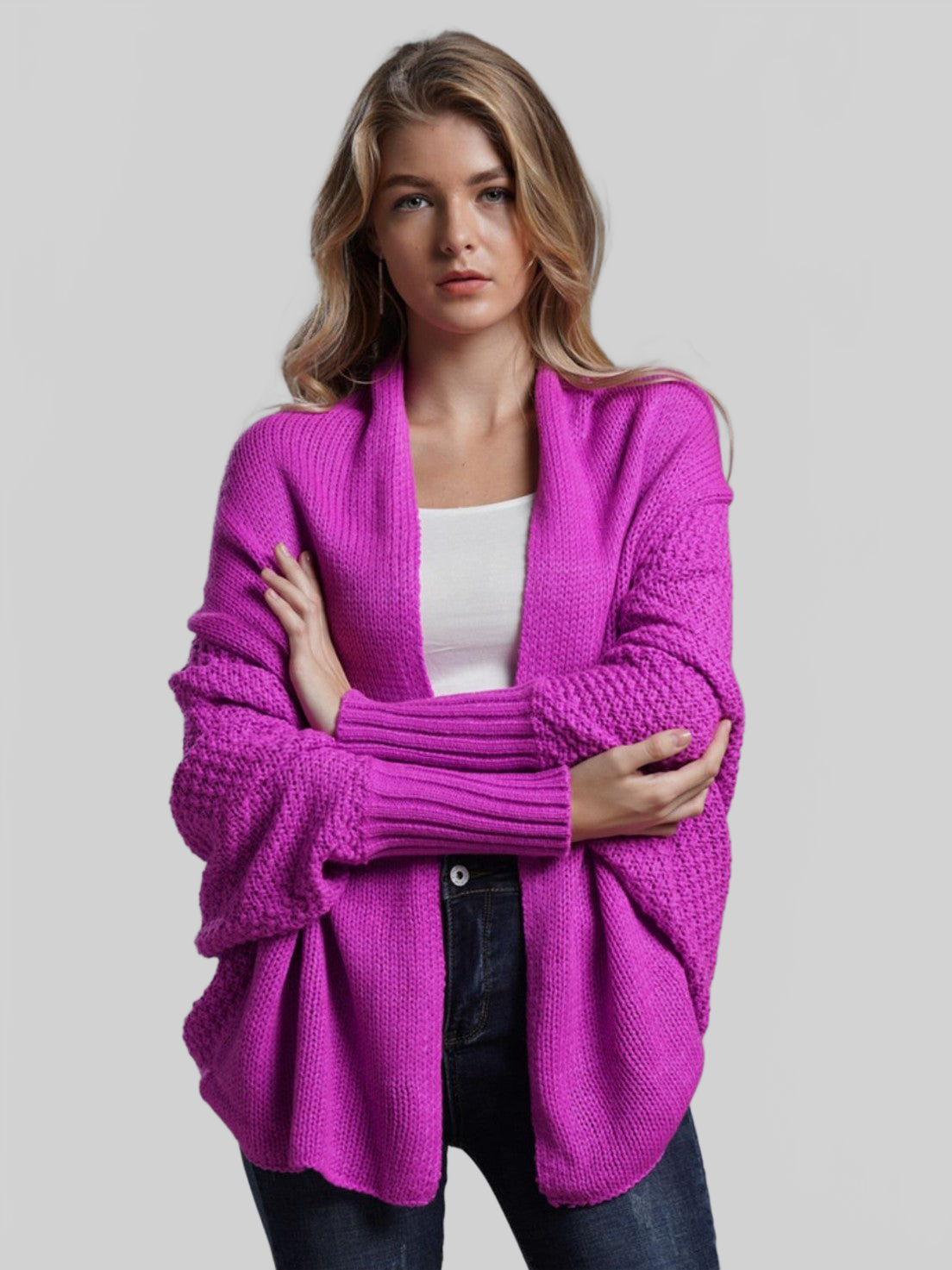 Dolman Sleeve Open Front Ribbed Trim Longline Cardigan nicholesgifts