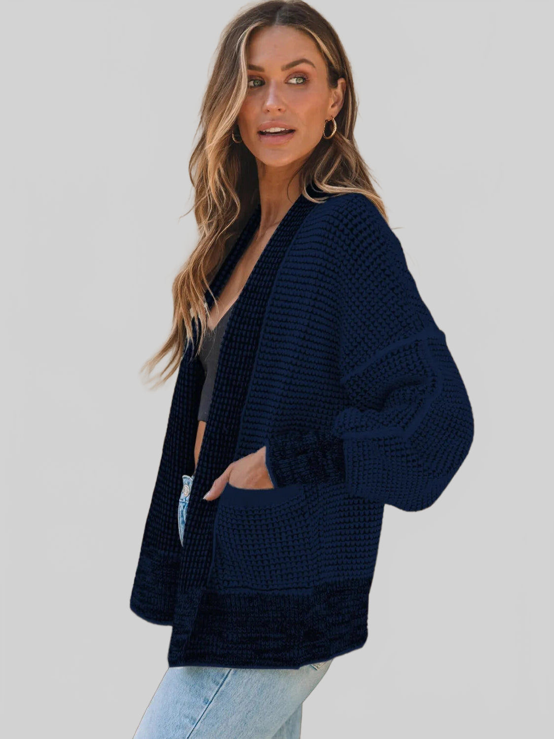 Women Waffle-knit Pocketed Open Front Cardigan nicholesgifts