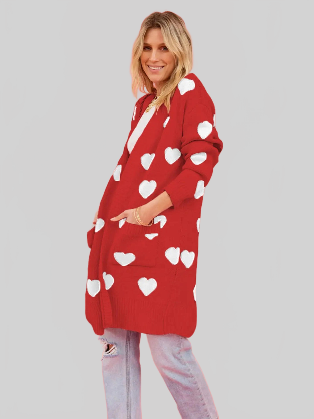 Women Heart Graphic Open Front Cardigan with Pockets nicholesgifts