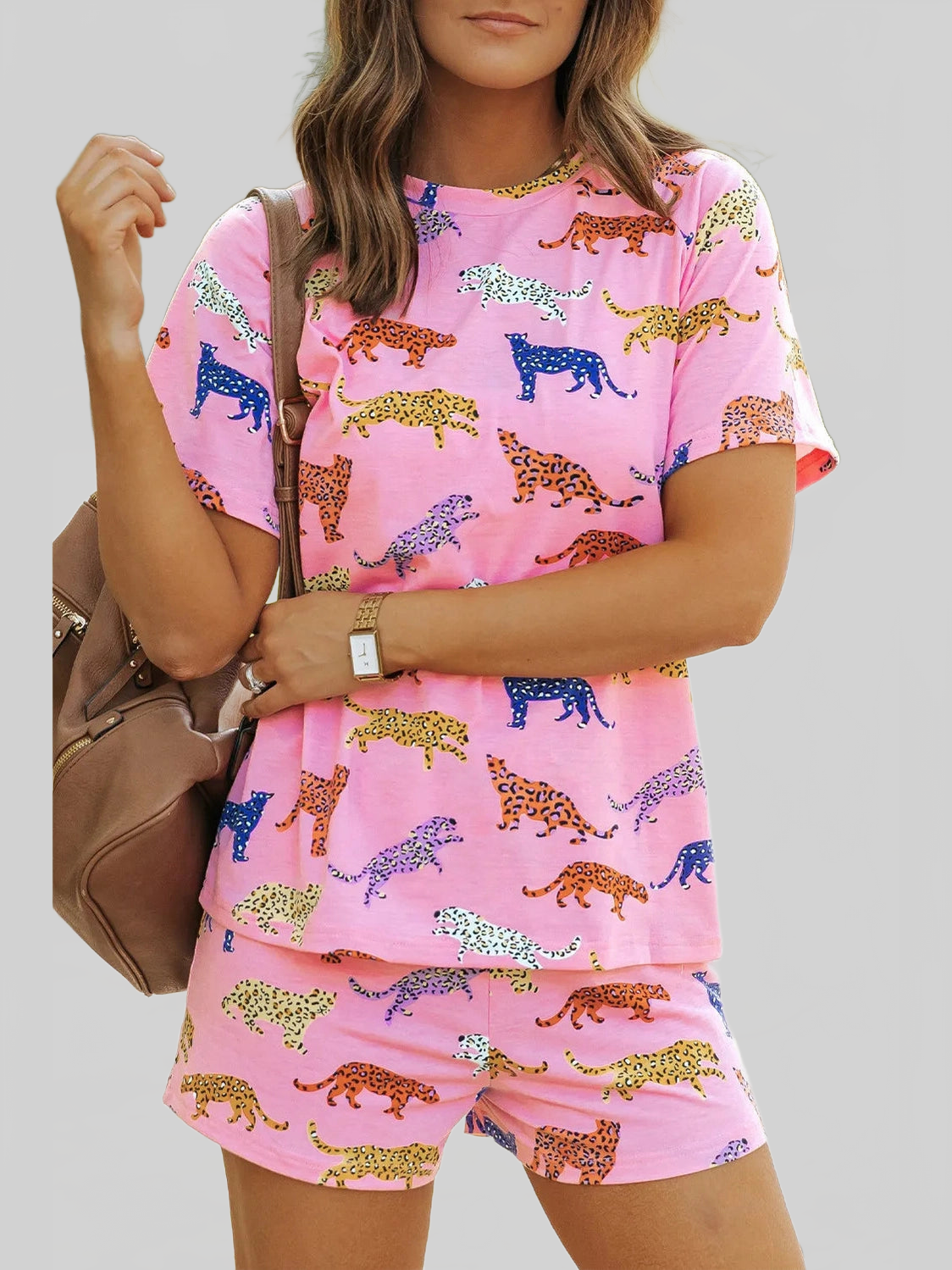 Animal Round Neck Top and Shorts Lounge Set nicholesgifts
