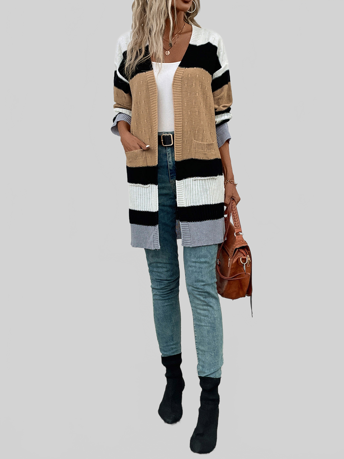 Perfee Color Block Open Front Drop Shoulder Cardigan nicholesgifts