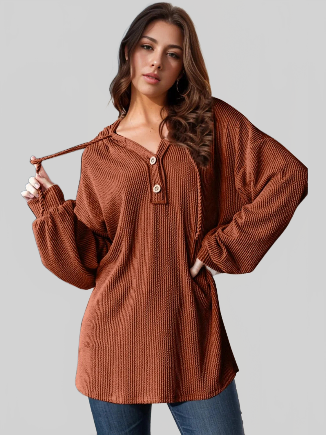 Double Take Full Size Half Button Long Sleeve Hoodie NicholesGifts