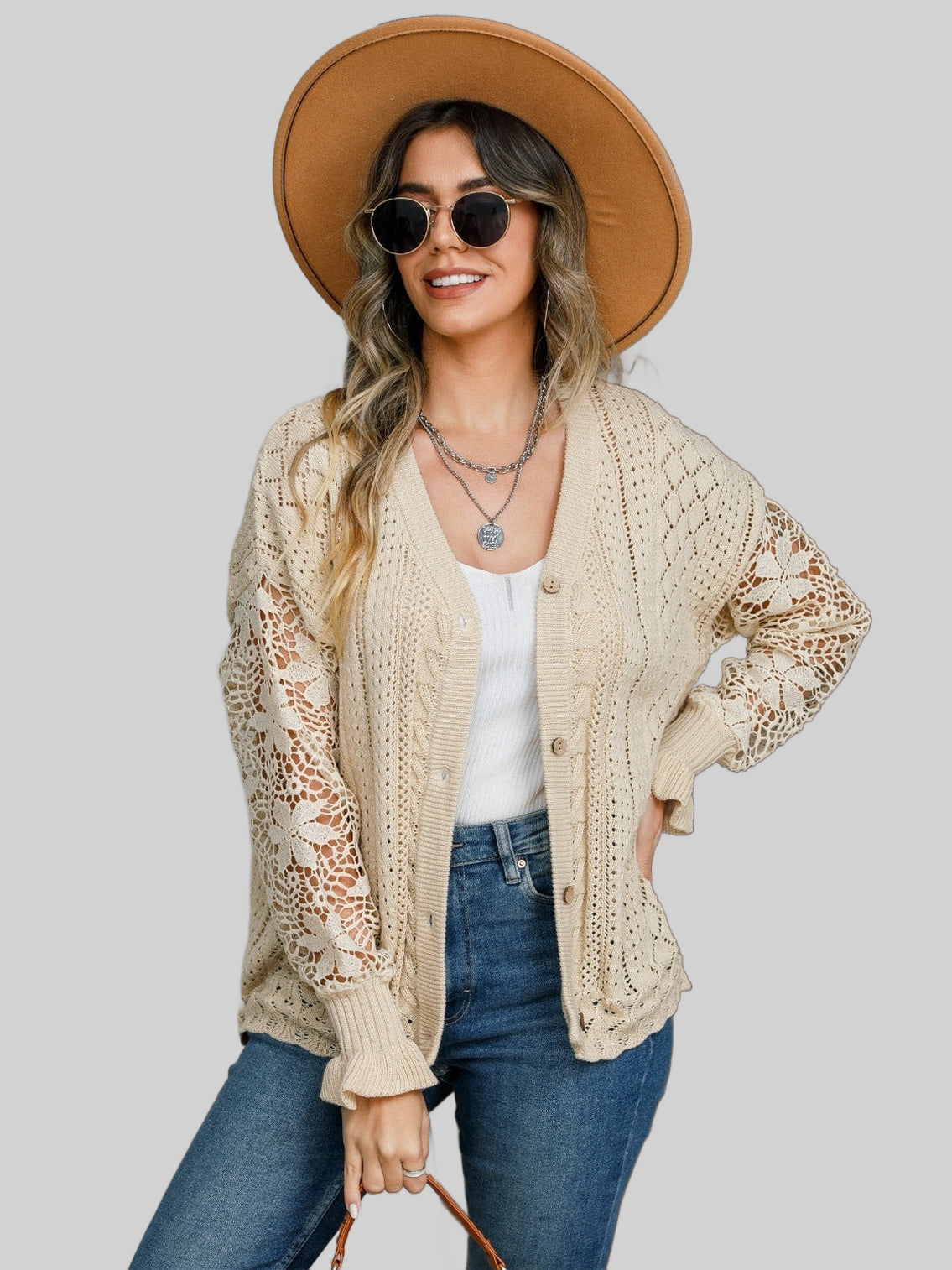 Women Eyelet Button Up Lantern Sleeve Cardigan NicholesGifts