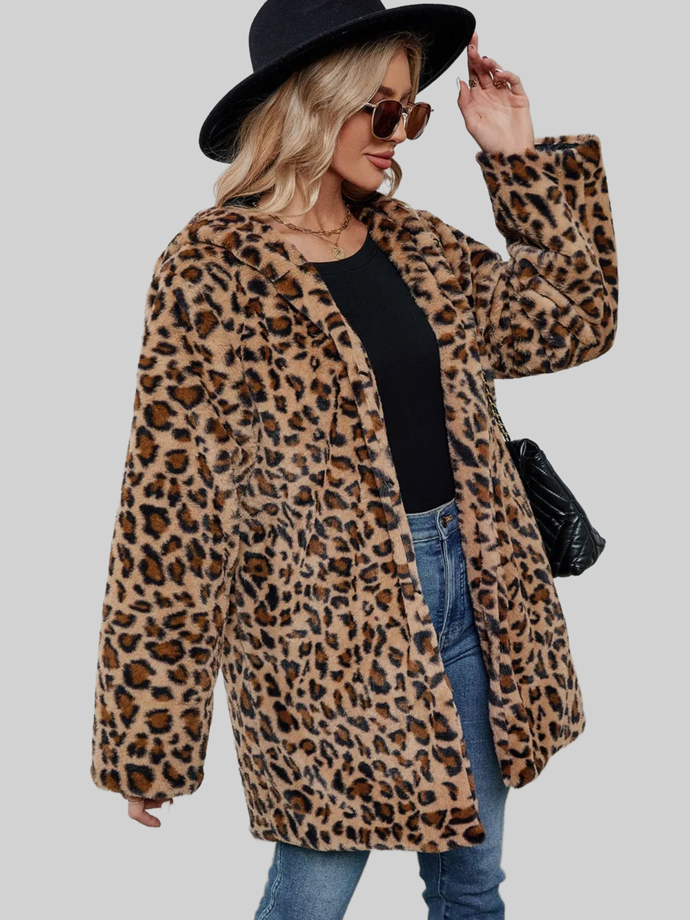 Fuzzy Leopard Hooded Long Sleeve Jacket nicholesgifts