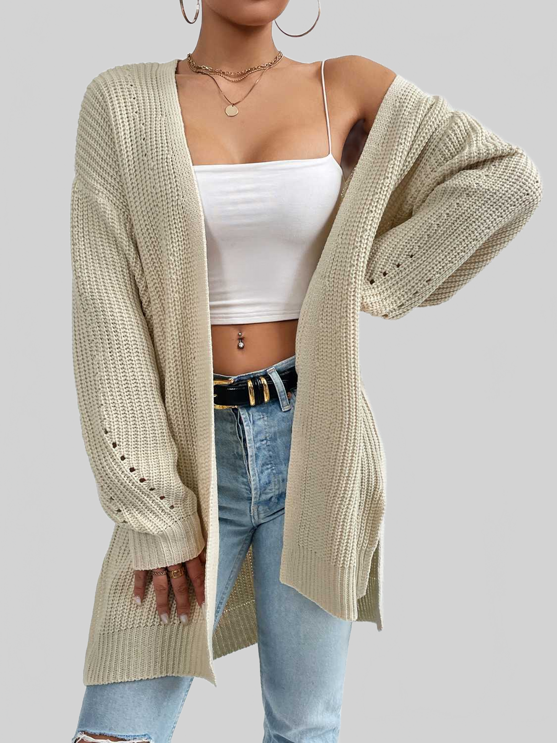 Open Front Dropped Shoulder Slit Cardigan nicholesgifts