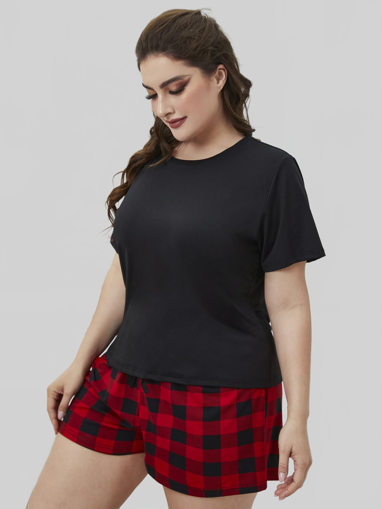 Plus Size Round Neck Tee Shirt and Plaid Shorts Lounge Set nicholesgifts