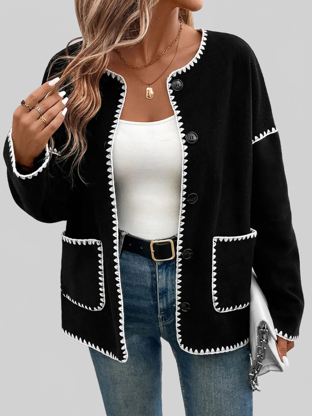 Perfee Pocketed Contrast Button Up Jacket nicholesgifts