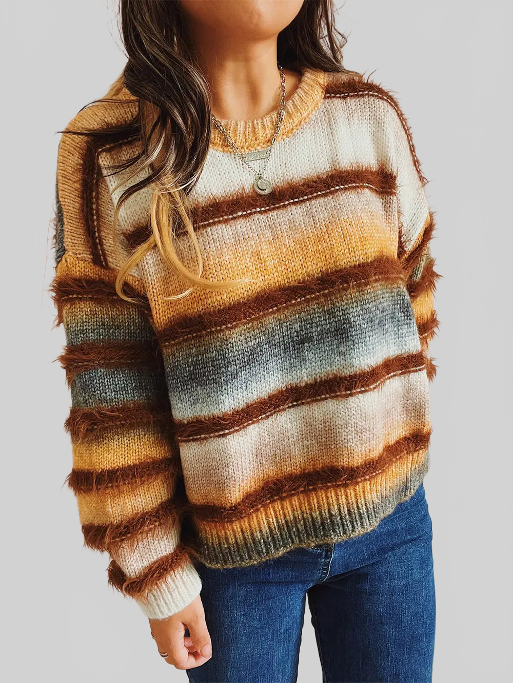 Women Striped Round Neck Long Sleeve Pullover Sweater nicholesgifts