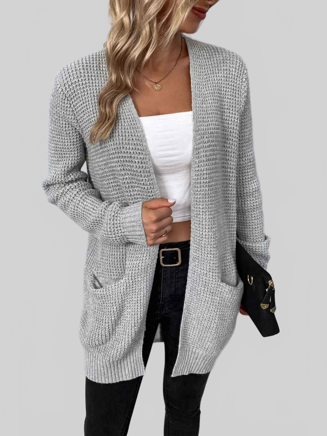 Rib-Knit Open Front Pocketed Cardigan nicholesgifts