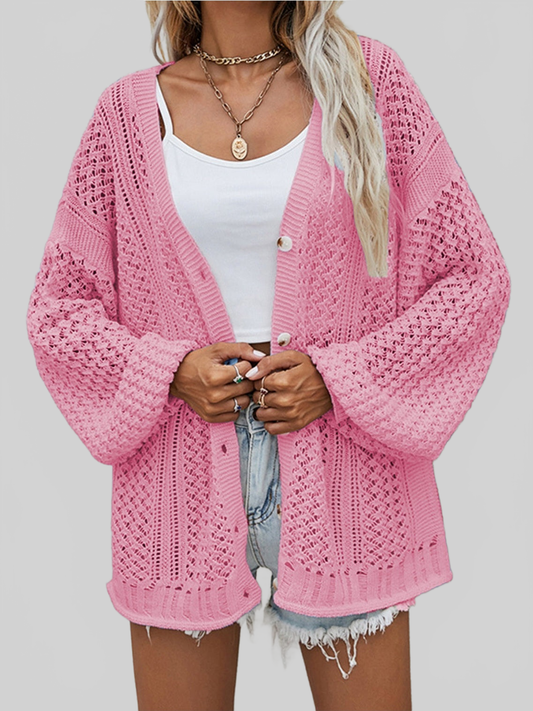 Women Openwork Button Front Cardigan NicholesGifts