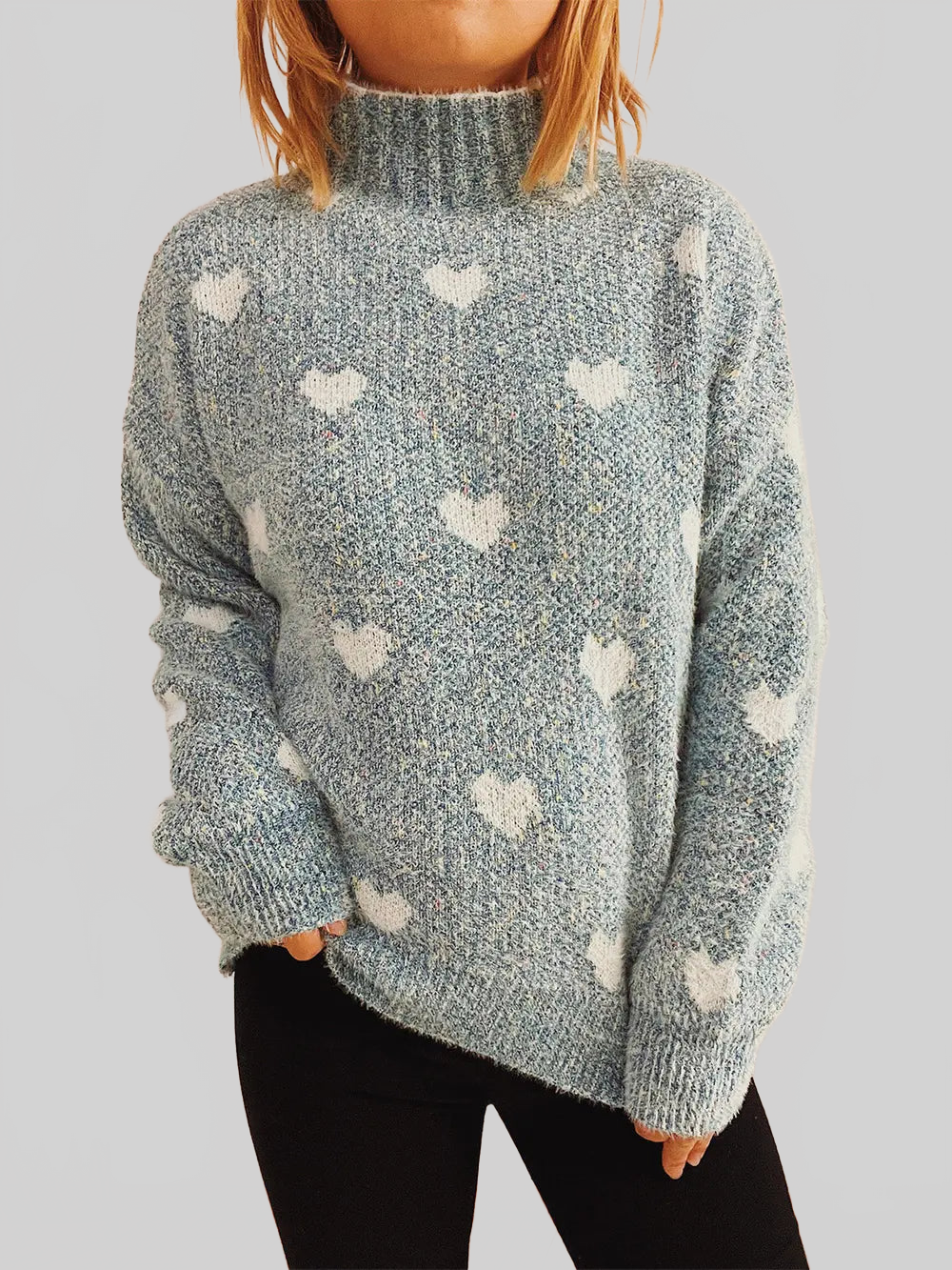 Women Heart Heathered Turtleneck Drop Shoulder Pullover Sweater nicholesgifts
