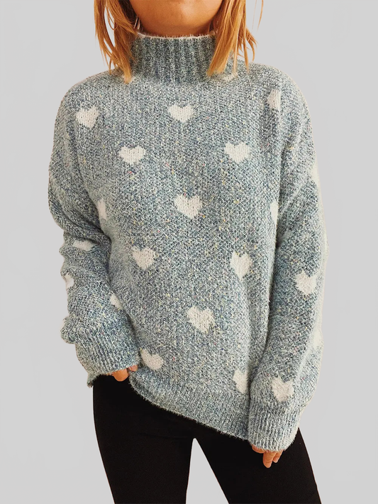 Women Heart Heathered Turtleneck Drop Shoulder Pullover Sweater NicholesGifts