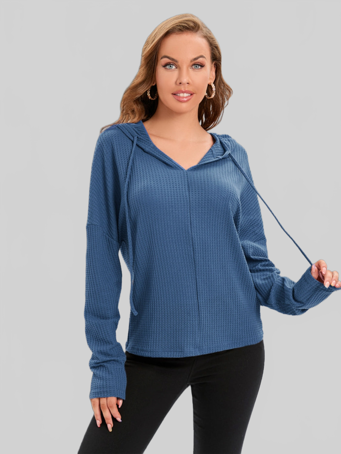 Waffle-Knit Drawstring Drop Shoulder Hoodie NicholesGifts