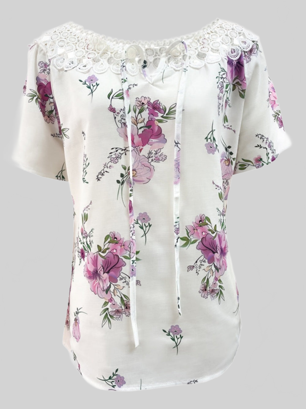 Women Full Size Printed Tie Neck Short Sleeve Blouse nicholesgifts