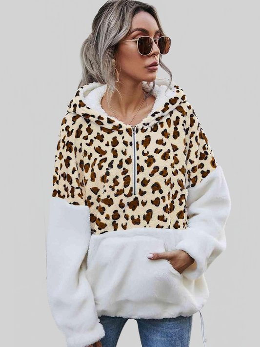 Women Leopard Half-Zip Dropped Shoulder Hoodie NicholesGifts