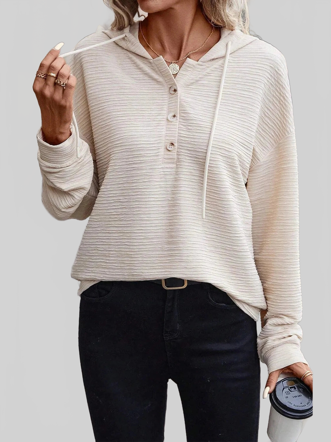 Drawstring Half Button Dropped Shoulder Hoodie NicholesGifts