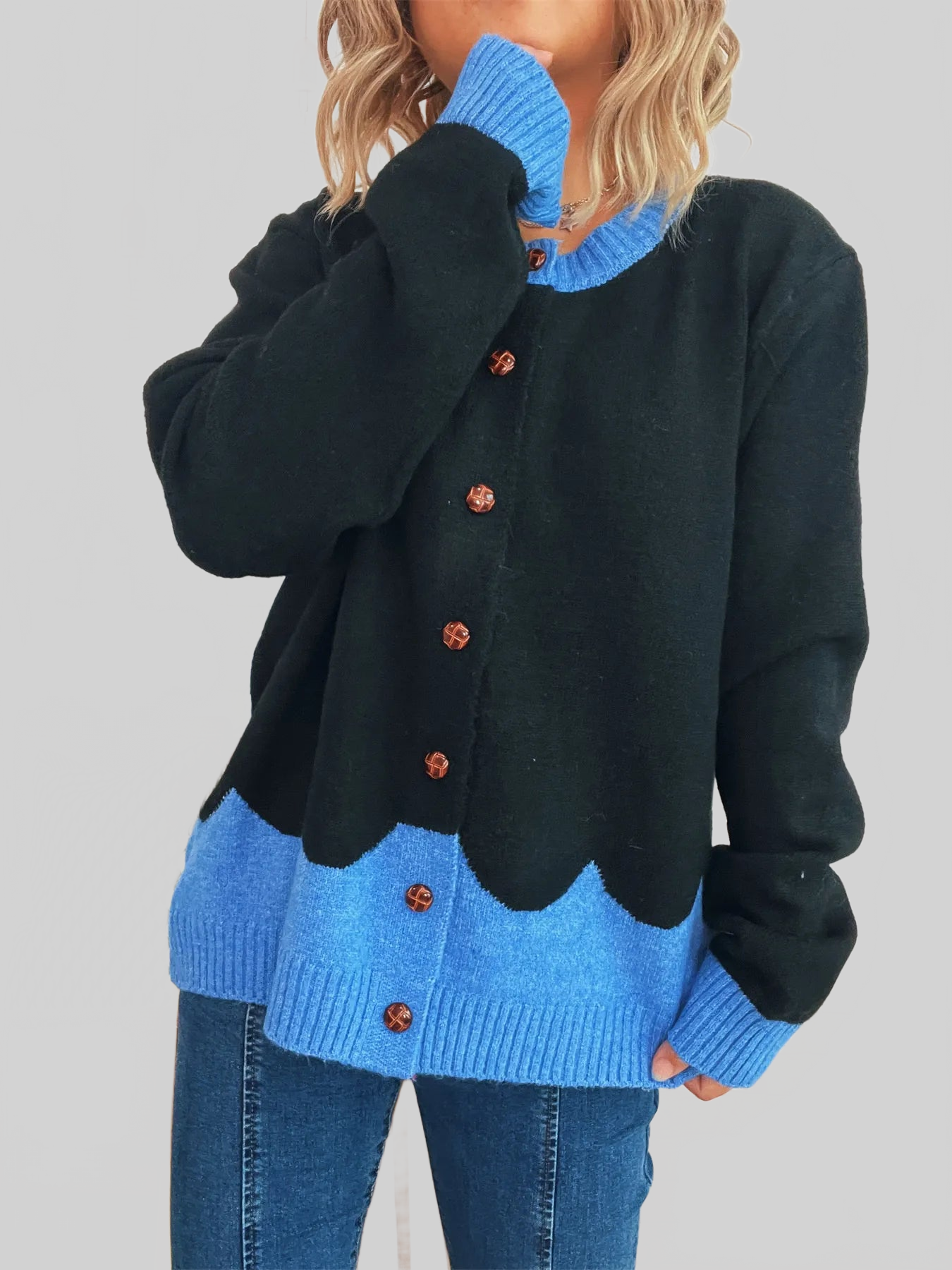 Button-Front Contrast Trim Cardigan nicholesgifts