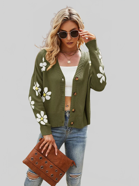 Women Flower Pattern Button Front Cardigan nicholesgifts