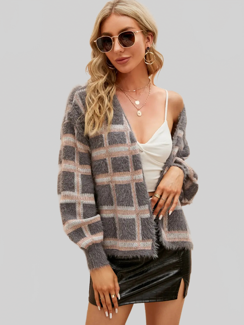 Women Open Front Plaid Long Sleeve Cardigan nicholesgifts