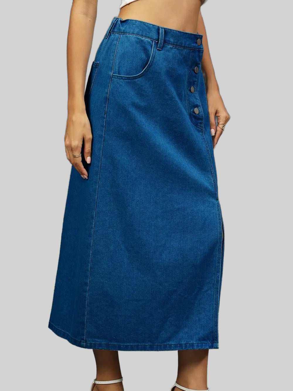 Slit Button Detail Denim Midi Skirt nicholesgifts