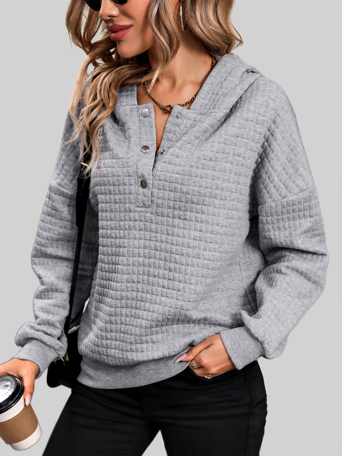 Perfee Waffle-Knit Half Button Hoodie NicholesGifts