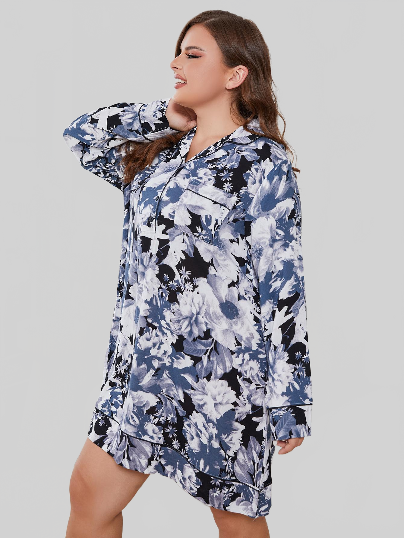 Plus Size Floral Lapel Collar Long Sleeve Night Dress nicholesgifts