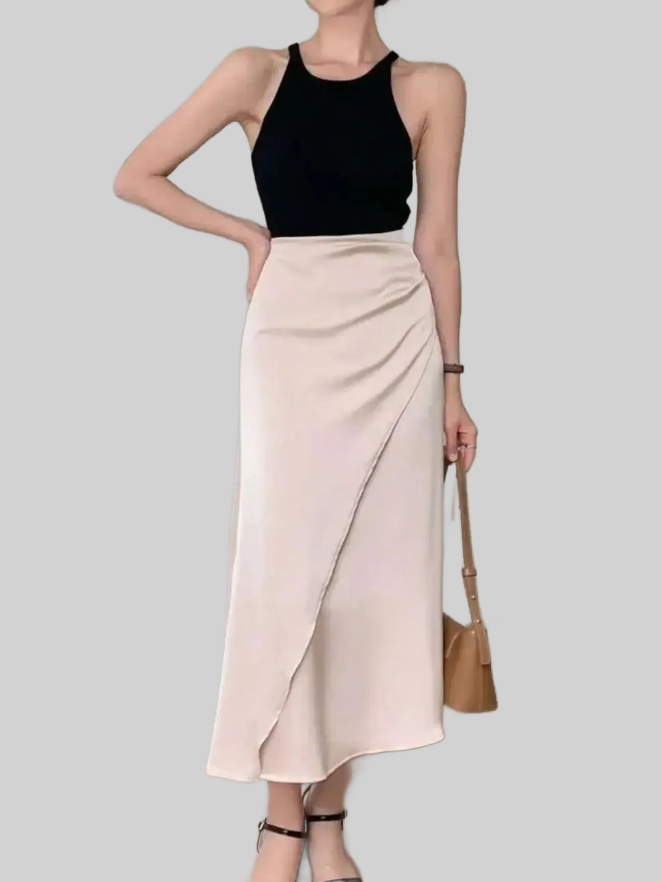 Asymmetric Wrap Midi Skirt with Fluted Hem nicholesgifts