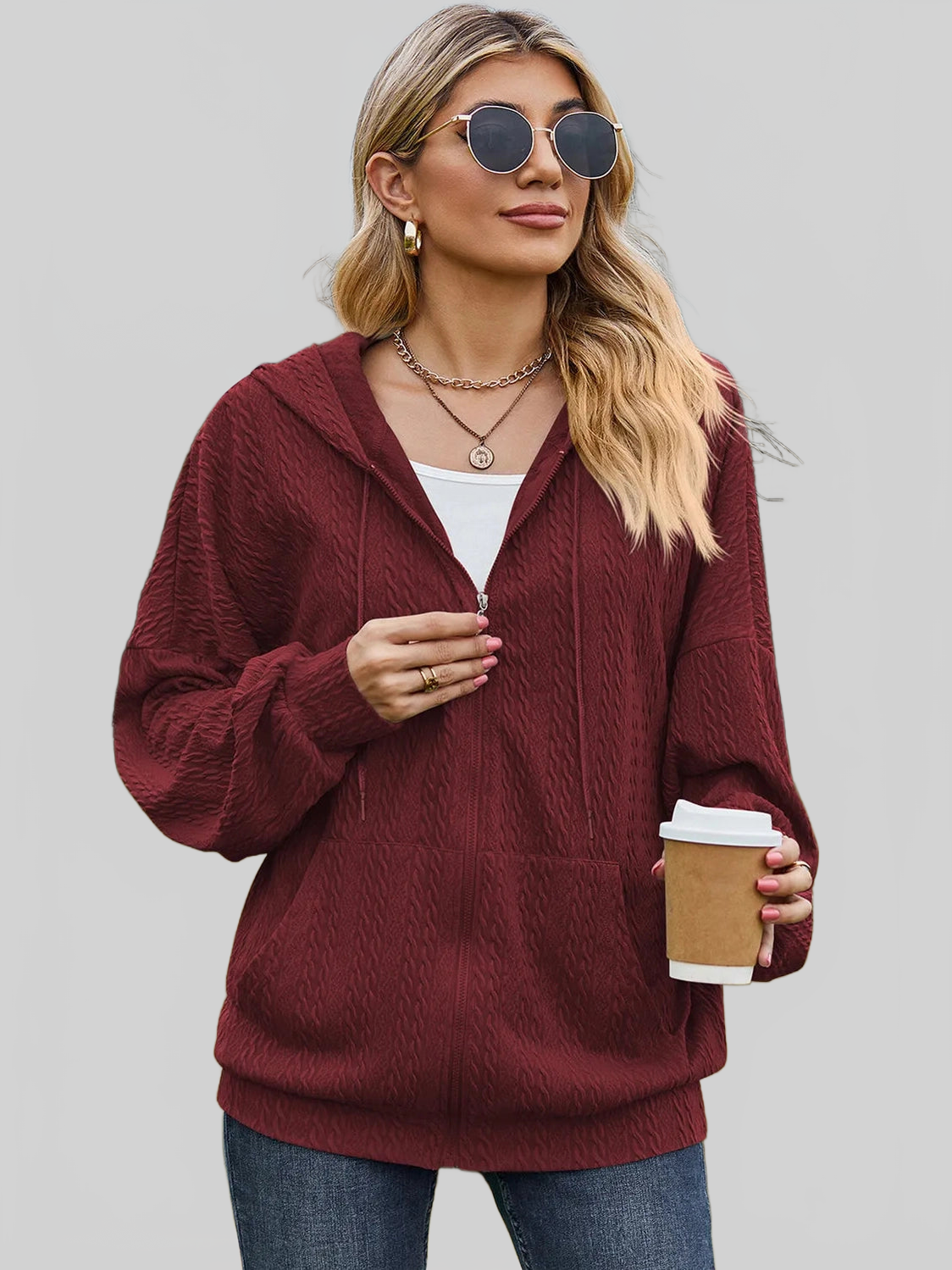 Drawstring Zip Up Dropped Shoulder Hoodie nicholesgifts