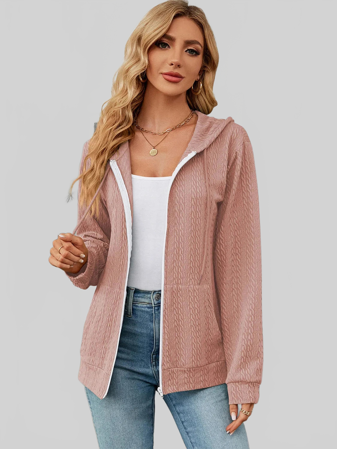 Drawstring Zip Up Long Sleeve Hoodie NicholesGifts