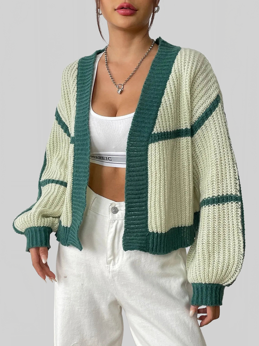 Women Contrast Open Front Long Sleeve Cardigan nicholesgifts