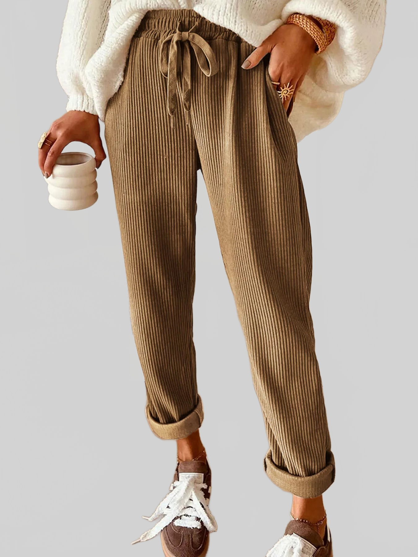 Women Casual Corduroy Drawstring Waist Pants nicholesgifts