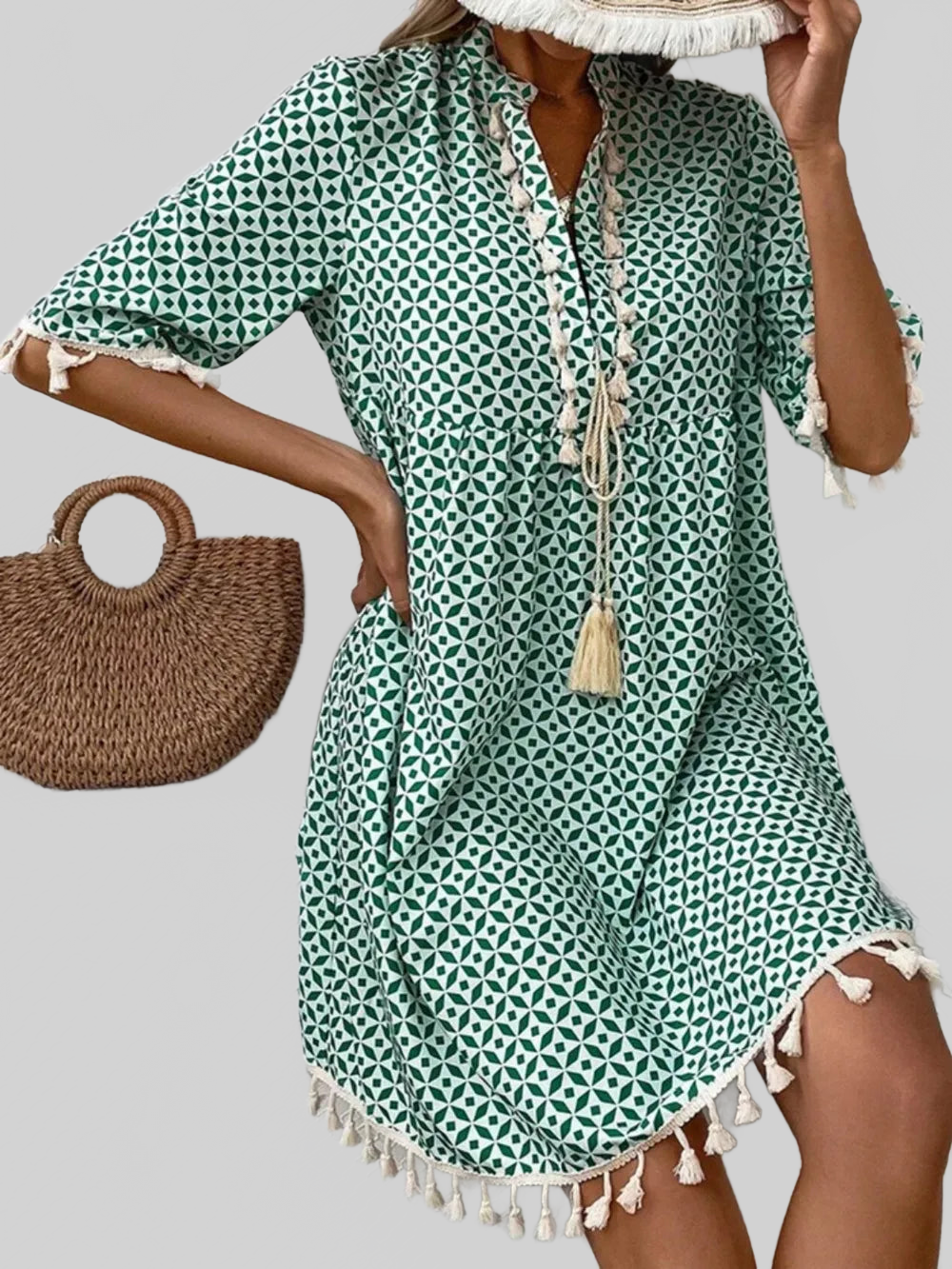 Tassel Printed Notched Half Sleeve Mini Dress nicholesgifts