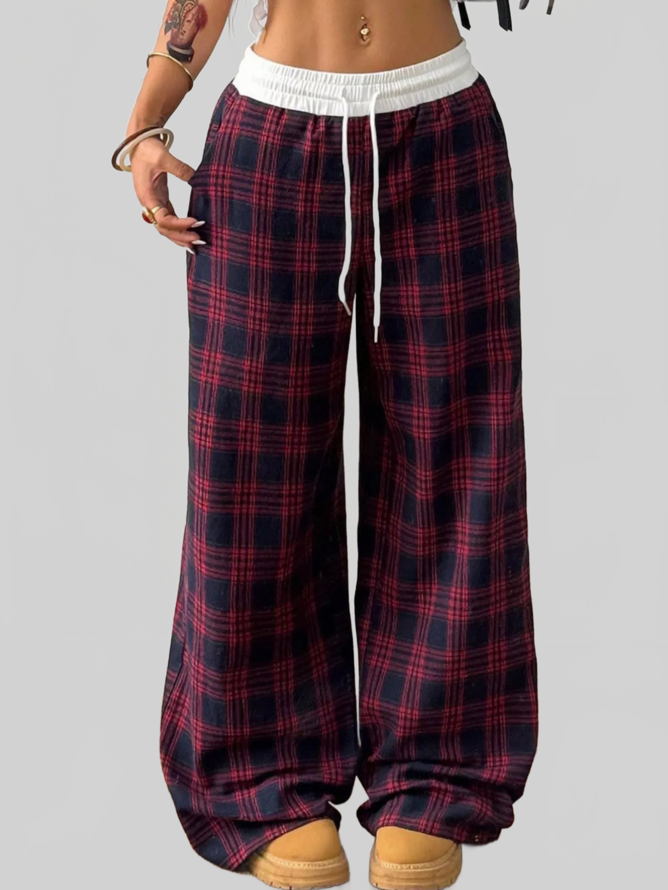 Women Plaid Wide-Leg Pants with Elastic Waistband nicholesgifts