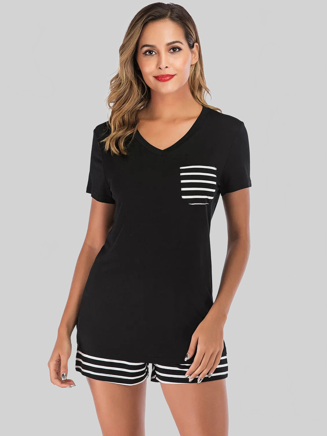 Striped Short Sleeve Top and Shorts Lounge Set nicholesgifts