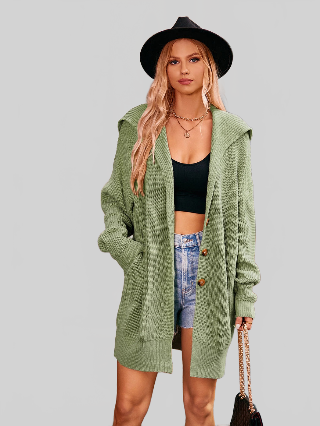 Women Collared Neck Button-Up Cardigan with Pockets nicholesgifts