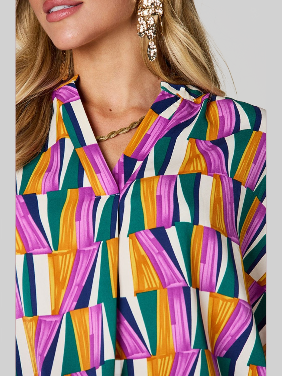 Women Double Take Full Size Geometric Notched Dolman Sleeve Top nicholesgifts