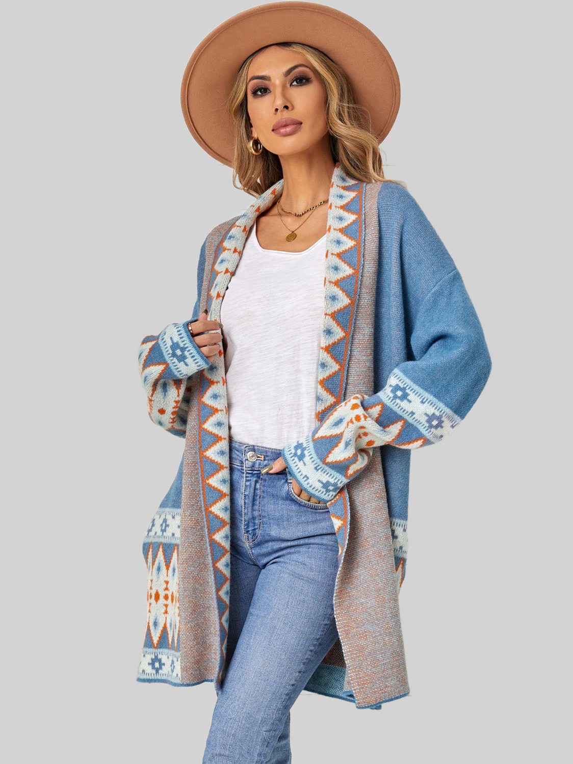 Women Geometric Open Front Long Sleeve Cardigan Sweater nicholesgifts