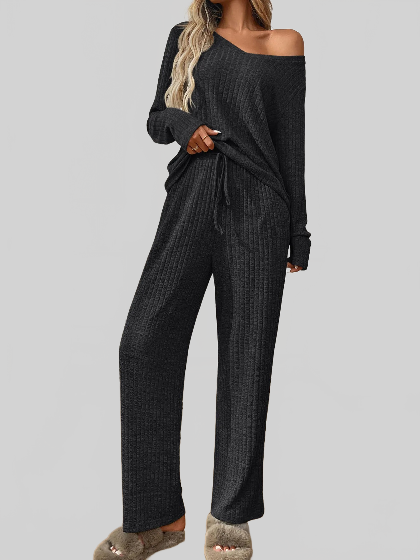 Ribbed Long Sleeve Top and Pants Lounge Set nicholesgifts